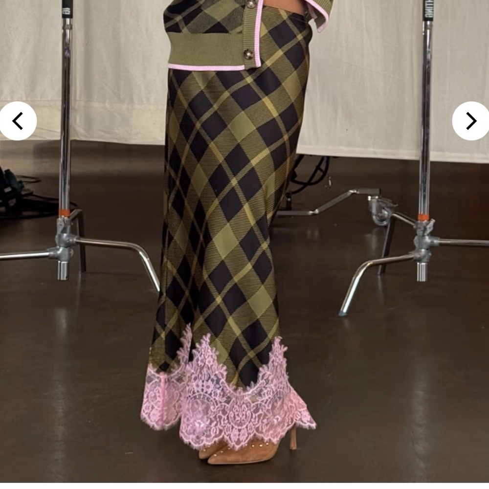 Never Fully Dressed Olive Green and Black Argyle Maxi Skirt with Pink Lace Hem